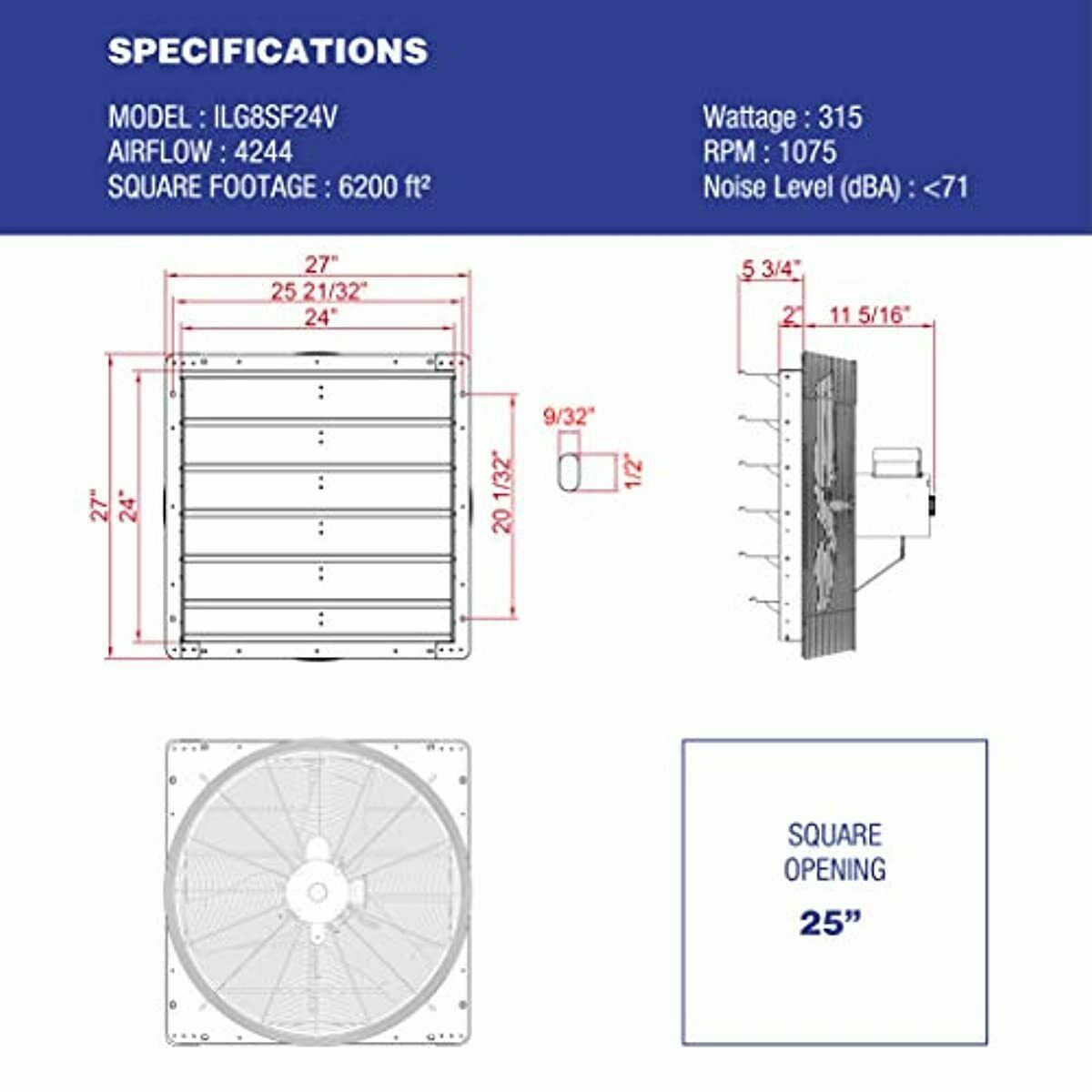 24 Inch Exhaust Fan Shutter For Barn Attic Body Shop Work Air Mover   6113110bd0f1a9d54febe114 